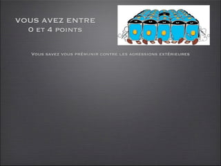 VOUS AVEZ ENTRE
  0 et 4 points

   Vous savez vous prémunir contre les agressions extérieures
 