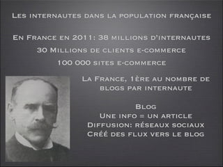 Les internautes dans la population française

En France en 2011: 38 millions d’internautes
     30 Millions de clients e-commerce
         100 000 sites e-commerce
               La France, 1ère au nombre de
                   blogs par internaute

                           Blog
                   Une info = un article
                Diffusion: réseaux sociaux
                Créé des flux vers le blog
 