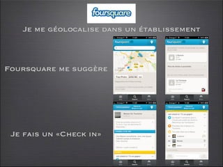 Je me géolocalise dans un établissement



Foursquare me suggère




 Je fais un «Check in»
 