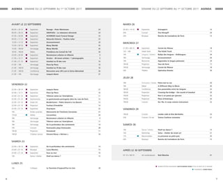 76
AVANT LE 22 SEPTEMBRE
06.09 > 29.10 ■ Exposition Ravage – Peter Martensen 24
06.09 > 28.10 ■ Exposition ANOFUKU – Le vêtement réinventé 24
07.09 > 30.09 ■ Exposition ACHERON Czech Funeral Design 25
09.09 > 17.12 ■ Exposition Naturalis Historia – Pauline Julier 25
13.09 > 13.10 ■ Exposition Accessoirement 26
15.09 > 29.10 ■ Exposition Many Worlds 26
15.09 – 18h30 Vernissage Many Worlds 26
18.09 – 18h30 Débat Présidence du Conseil de l'UE 36
20.09 > 30.09 ■ Exposition Renaissance urbaine en Albanie 9
21.09 > 19.11 ■ Exposition Strokar – 40 street artistes / 1 photographe 9
21.09 > 21.10 ■ Exposition Istanbul au fil des rues 10
21.09 – 18h Vernissage Piece by Piece 10
21.09 – 18h30 Vernissage Istanbul au fil des rues 10
21.09 – 18h30 Conférence Rencontre avec Ulli Lust et Zeina Abirached 36
21.09 – 19h Vernissage Joaquín Ramo 27
VENDREDI 22
22.09 > 28.10 ■ Exposition Joaquín Ramo 27
22.09 > 12.11 ■ Exposition Piece by Piece 10
22.09 > 01.10 ■ Exposition Téhéran saisie sur Smartphone 11
22.09 > 01.10 ■ Gastronomie La gastronomie portugaise dans les rues de Paris 12
22.09 > 01.10 ■ Street Art Borderlovers - Pedro Amaral e Ivo Bassini 12
22.09 > 01.10 ■ Projection Foofwa d’Imobilité 14
22.09 > 01.10 ■ Exposition Onyriques 22
14h Portes ouvertes Découverte de l’Instituto Cervantes 27
17h30 ■ Atelier Cervantitos 34
18h Vernissage Renaissance urbaine en Albanie 9
18h Vernissage Téhéran saisie sur Smartphone 11
18h Vernissage De la profondeur des sentiments 14
19h Concert Kos´ciuszko plays Kos´ciuszko 28
19h30 Projection Homeland 11
19h30 Création sonore Vincent Rioux « Dérives » 24
SAMEDI 23
23.09 > 28.10 ■ Exposition De la profondeur des sentiments 14
23.09 > 01.10 ■ Musique Lucio Martins 15
23.09 > 21.10 ■ Exposition Face au mur 16
10h Danse / Atelier Shall we dance ? 15
LUNDI 25
16h Colloque Le Tourisme d’aujourd’hui en Iran 28
MARDI 26
26.09 > 14.10 ■ Exposition Entrappé/e 16
20h Concert Trio Khnopff 29
20h Musique Rancho de Cantadores de Paris 15
MERCREDI 27
27.09 > 08.10 ■ Exposition Carnet du flâneur 18
12h –18h Street food The Polish Truck 17
14h ■ Langues / Ateliers Rallye des langues – Kidilangues 34
18h Vernissage Accessoirement 26
19h Rencontre Apprendra la langue polonaise 29
19h30 Projection Tour de force 17
19h30 Vernissage Carnet du flâneur 18
20h Théâtre Opération Roméo 30
JEUDI 28
18h Animation / Atelier Peins-moi ta rue 20
18h Débat A Different Way to Move 30
18h30 Conférence Des passerelles entre les langues 32
18h30 Projection Crossing the bridge – the sound of Istanbul 20
19h30 Projection Non è un paese per giovani 32
19h30 Projection Place d’Amérique 20
19h30 Concert Da I Re, le corps comme instrument 22
VENDREDI 29
19h30 Concert Lembe Lokk & Elise Berthelier 33
23h Concert / DJ set Trance Coolture roumaine 21
SAMEDI 30
10h Danse / Atelier Shall we dance ? 15
14h Workshop Solus – Atelier de street art 21
17h ■ Marionnettes La princesse au petit pois 35
20h Musique Rancho de Cantadores de Paris 15
APRÈS LE 30 SEPTEMBRE
07.10 > 08.10 Art contemporain Nuit Blanche 41
■ MANIFESTATIONS ORGANISÉES SUR PLUSIEURS JOURS ET/OU AU-DELÀ DE LA SEMAINE
■ ÉVÉNEMENTS JEUNE PUBLIC
AGENDA SEMAINE DU 22 SEPTEMBRE AU 1er
OCTOBRE 2017 SEMAINE DU 22 SEPTEMBRE AU 1er
OCTOBRE 2017 AGENDA
 