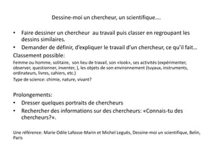 Dessine-moi un chercheur, un scientifique….
• Faire dessiner un chercheur au travail puis classer en regroupant les
dessins similaires.
• Demander de définir, d’expliquer le travail d’un chercheur, ce qu’il fait…
Classement possible:
Femme ou homme, solitaire, son lieu de travail, son «look», ses activités (expérimenter,
observer, questionner, inventer, ), les objets de son environnement (tuyaux, instruments,
ordinateurs, livres, cahiers, etc.)
Type de science: chimie, nature, vivant?
Prolongements:
• Dresser quelques portraits de chercheurs
• Rechercher des informations sur des chercheurs: «Connais-tu des
chercheurs?».
Une référence: Marie Odile Lafosse-Marin et Michel Leguës, Dessine-moi un scientifique, Belin,
Paris
 