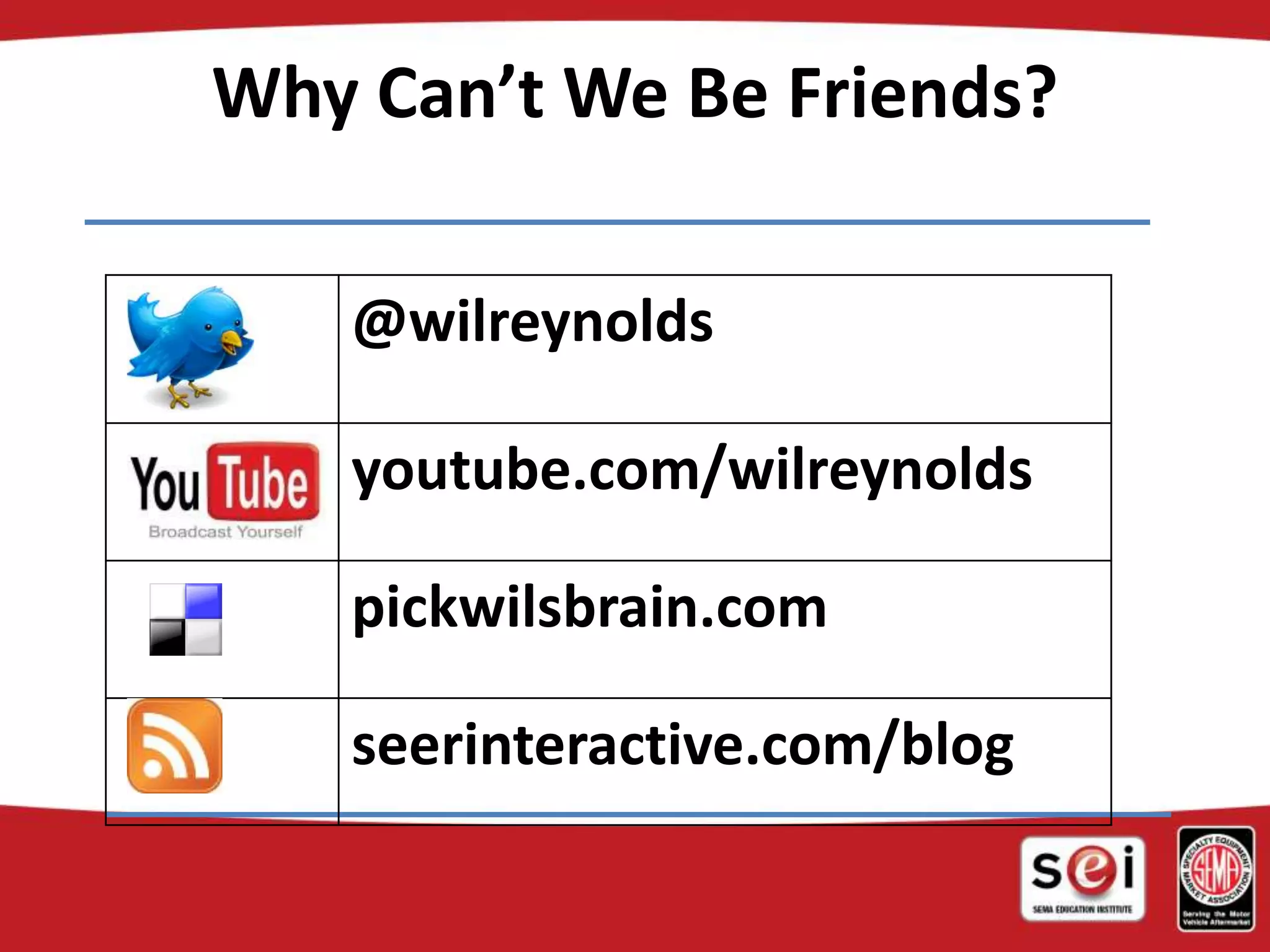 Why Can’t We Be Friends?
@wilreynolds
youtube.com/wilreynolds
pickwilsbrain.com
seerinteractive.com/blog