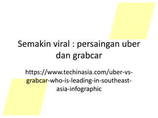 Semakin viral : persaingan uber
dan grabcar
https://www.techinasia.com/uber-vs-
grabcar-who-is-leading-in-southeast-
asia-infographic
 