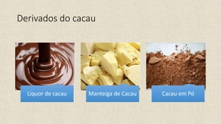 Derivados do cacau
Liquor de cacau Manteiga de Cacau Cacau em Pó
 