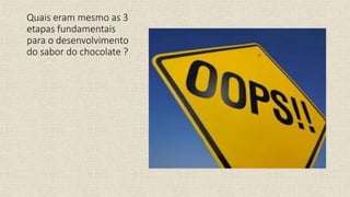 Quais eram mesmo as 3
etapas fundamentais
para o desenvolvimento
do sabor do chocolate ?
 