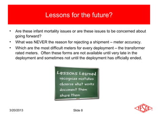 Lessons for the future?

•   Are these infant mortality issues or are these issues to be concerned about
    going forward?
•   What was NEVER the reason for rejecting a shipment – meter accuracy.
•   Which are the most difficult meters for every deployment – the transformer
    rated meters. Often these forms are not available until very late in the
    deployment and sometimes not until the deployment has officially ended.




3/20/2013                            Slide 8
 