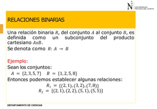 RELACIONES BINARIAS
Una relación binaria 𝑅, del conjunto 𝐴 al conjunto 𝐵, es
definida como un subconjunto del producto
cartesiano 𝐴𝑥𝐵.
Se denota como 𝑅: 𝐴 → 𝐵
Ejemplo:
Sean los conjuntos:
𝐴 = {2, 3, 5, 7} 𝐵 = {1, 2, 5, 8}
Entonces podemos establecer algunas relaciones:
𝑅1 = 2, 1 , 3, 2 , 7, 8
𝑅2 = {(2, 1), (2, 2), (5, 1), (5, 5)}
DEPARTAMENTO DE CIENCIAS
 