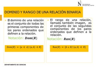 DOMINIO Y RANGO DE UNA RELACIÓN BINARIA
 El dominio de una relación
es el conjunto de todas las
primeras componentes de
los pares ordenados que
definen a la relación.
Notación: 𝑫𝒐𝒎(𝑹)
 El rango de una relación,
llamado también imagen, es
el conjunto de las segundas
componentes de los pares
ordenados que definen a la
relación.
Notación: 𝑹𝒂𝒏(𝑹)
DEPARTAMENTO DE CIENCIAS
𝐷𝑜𝑚(𝑅) = {𝑎 ∈ 𝐴/ (𝑎, 𝑏) ∈ 𝑅} Ran(𝑅) = {𝑏  𝐵/ (𝑎, 𝑏) ∈ 𝑅}
 