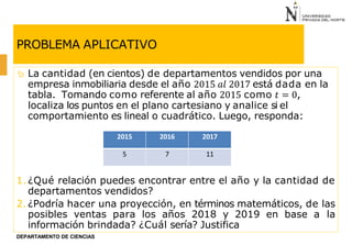 PROBLEMA APLICATIVO
 La cantidad (en cientos) de departamentos vendidos por una
empresa inmobiliaria desde el año 2015 𝑎𝑙 2017 está dada en la
tabla. Tomando como referente al año 2015 como 𝑡 = 0,
localiza los puntos en el plano cartesiano y analice si el
comportamiento es lineal o cuadrático. Luego, responda:
DEPARTAMENTO DE CIENCIAS
1.¿Qué relación puedes encontrar entre el año y la cantidad de
departamentos vendidos?
2. ¿Podría hacer una proyección, en términos matemáticos, de las
posibles ventas para los años 2018 y 2019 en base a la
información brindada? ¿Cuál sería? Justifica
2015 2016 2017
5 7 11
 