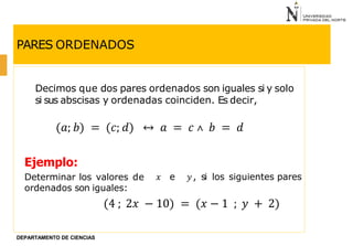 PARES ORDENADOS
Decimos que dos pares ordenados son iguales si y solo
si sus abscisas y ordenadas coinciden. Es decir,
(𝑎; 𝑏) = (𝑐; 𝑑) ↔ 𝑎 = 𝑐 ˄ 𝑏 = 𝑑
DEPARTAMENTO DE CIENCIAS
𝑥 e 𝑦, si los siguientes pares
Ejemplo:
Determinar los valores de
ordenados son iguales:
(4 ; 2𝑥 − 10) = (𝑥 − 1 ; 𝑦 + 2)
 
