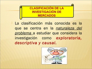  La clasificación más conocida es la
que se centra en la naturaleza del
problema a estudiar que considera la
investigación como exploratoria,
descriptiva y causal.
CLASIFICACIÓN DE LA
INVESTIGACIÓN DE
MERCADOS
 