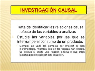 Trata de identificar las relaciones causa
– efecto de las variables a analizar.
 Estudia las variables por las que se
interrumpe el consumo de un producto.
 Ejemplo: En Saga las compras por Internet se han
incrementado, mientras que en las tiendas han bajado.
Se analiza si existe una relación directa o qué otros
factores podrían explicar esta situación.
 
