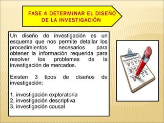 FASE 4 DETERMINAR EL DISEÑO
DE LA INVESTIGACIÓN
Un diseño de investigación es un
esquema que nos permite detallar los
procedimientos necesarios para
obtener la información requerida para
resolver los problemas de la
investigación de mercados.
Existen 3 tipos de diseños de
investigación:
1. investigación exploratoria
2. investigación descriptiva
3. investigación causal
 
