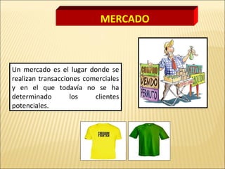 MERCADO
Un mercado es el lugar donde se
realizan transacciones comerciales
y en el que todavía no se ha
determinado los clientes
potenciales.
 