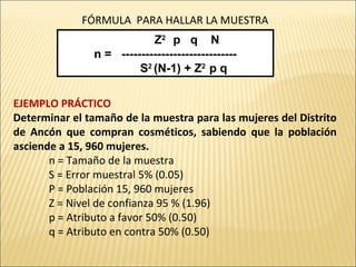 Z2
p q N
n = -----------------------------
S2
(N-1) + Z2
p q
FÓRMULA PARA HALLAR LA MUESTRA
EJEMPLO PRÁCTICO
Determinar el tamaño de la muestra para las mujeres del Distrito
de Ancón que compran cosméticos, sabiendo que la población
asciende a 15, 960 mujeres.
n = Tamaño de la muestra
S = Error muestral 5% (0.05)
P = Población 15, 960 mujeres
Z = Nivel de confianza 95 % (1.96)
p = Atributo a favor 50% (0.50)
q = Atributo en contra 50% (0.50)
 