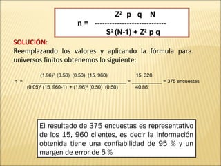 (1.96)2
(0.50) (0.50) (15, 960) 15, 328
n = ___________________________________ = ___________ = 375 encuestas
(0.05)² (15, 960-1) + (1.96)2
(0.50) (0.50) 40.86
SOLUCIÓN:
Reemplazando los valores y aplicando la fórmula para
universos finitos obtenemos lo siguiente:
Z2
p q N
n = -----------------------------
S2
(N-1) + Z2
p q
El resultado de 375 encuestas es representativo
de los 15, 960 clientes, es decir la información
obtenida tiene una confiabilidad de 95 % y un
margen de error de 5 %
 