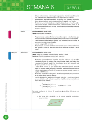 SEMANA 6PROHIBIDASUREPRODUCCIÓN
6
3.º BGU
	 	
	
del	uso	de	los	métodos	anticonceptivos	para	evitar	el	embarazo	adolescente	
y	las	enfermedades	de	transmisión	sexual.	Registramos	los	criterios.	
• Retomamos	la	tabla	que	elaboramos	en	un	inicio	para	completar	la	columna	
A	con	datos	novedosos	que	hemos	aprendido	a	lo	largo	de	esta	lección.	
• Revisamos	nuevamente	las	dudas	e	inquietudes	anotadas	en	la	columna	D	y	
subrayamos	aquellas	que	todavía	persisten	cuestionamientos	con	el	fin	de	
buscar	información	adicional	en	otras	fuentes	científicas	o	plantear	preguntas	
a	nuestro	docente.		
	
Historia	 Unidad	5	del	texto	de	3er	curso	
Tema:	Impacto	de	la	inmigración	II		
	
• Preguntamos	 a	 nuestros	 familiares	 sobre	 las	 mujeres	 y	 los	 hombres	 que	
participaron	de	la	independencia	del	Ecuador	y	las	acciones	que	recuerden.	
• Elaboramos	un	cuadro	de	doble	entrada	(dos	columnas)	con	las	acciones	de	
los	hombres	y	mujeres	mencionados.	
• Leamos	la	página	138	del	texto.	
• Respondamos:	¿nuestros	familiares	recordaron	el	mismo	número	de	hombres	
que	mujeres?	¿Cómo	se	relaciona	esto	con	la	lectura	de	la	página	138	del	
texto?	
	
Miércoles	 Matemática	 Unidad	5	del	texto	de	3er	curso	
Tema:		Planos	en	el	espacio;	Posición	relativa	de	recta	y	plano	
Subtemas:		Posición	de	planos	respecto	de	la	referencia	
	
• Analizamos	y	respondamos	la	siguiente	pregunta:	Si	en	una	caja	de	cartón	
colocamos	una	hoja	sin	doblarla,	¿de	cuántas	formas	puede	colocarse	la	hoja	
respecto	a	los	lados	de	la	caja?	Por	ejemplo,	una	forma	sería	colocar	la	hoja	
de	forma	paralela	a	la	base	de	la	caja.	
• Leamos:	En	el	espacio,	los	ejes	coordenados	definen	tres	planos:	plano	XY,	
plano	XZ,	plano	YZ.	Dado	otro	plano	cualquiera,	podemos	analizar	la	posición	
relativa	de	este	plano	en	función	de	los	ejes	coordenados	como	se	muestra	en	
la	página	162	del	texto.	
• Realizamos	la	actividad	8	de	la	página	162	del	texto	para	aplicar	la	clasificación	
de	los	planos	por	su	posición	relativa.	
• Leamos:	para	analizar	la	posición	relativa	de	una	recta	y	un	plano,	utilizamos	
la	representación	de	la	recta	en	ecuaciones	implícita	y	la	representación	del	
plano	en	ecuación	general:	
	
	
	
Con	 esto,	 analizamos	 el	 sistema	 de	 ecuaciones	 generado	 y	 obtenemos	 tres	
posibilidades:	
	
o La	 recta	 está	 contenida	 en	 el	 plano	 (sistema	 consistente	
determinado).	
	
	
	
 