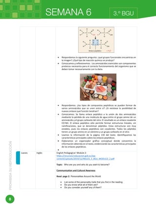 SEMANA 6PROHIBIDASUREPRODUCCIÓN
8
3.º BGU
	 	
	
	
	
• Respondamos	la	siguiente	pregunta:	¿qué	grupos	funcionales	encuentras	en	
la	imagen?	¿Qué	tipo	de	reacción	química	se	produjo?	
• Conozcamos	y	reflexionemos:		Los	aminoácidos	esenciales	son	componentes	
proteicos	necesarios	para	el	correcto	funcionamiento	del	organismo	que	se	
deben	tomar	necesariamente	con	la	dieta.	
	
	
	
• Respondamos:	 ¿los	 tipos	 de	 compuestos	 peptídicos	 se	 pueden	 formar	 de	
varios	 aminoácidos	 que	 se	 unen	 entre	 sí?	 ¿Si	 existiese	 la	 posibilidad	 de	
nuevos	enlaces	qué	función	tendrían?	
• Conozcamos:	 Se	 llama	 enlace	 peptídico	 a	 la	 unión	 de	 dos	 aminoácidos	
mediante	la	pérdida	de	una	molécula	de	agua	entre	el	grupo	amino	de	un	
aminoácido	y	el	grupo	carboxilo	del	otro.	El	resultado	es	un	enlace	covalente	
CO-NH.	 El	 enlace	 peptídico	 sólo	 permite	 formar	 estructuras	 lineales,	 sin	
ramificaciones,	 que	 se	 denominan	 péptidos.	 Estas	 estructuras	 son	 muy	
estables,	 pues	 los	 enlaces	 peptídicos	 son	 covalentes.	 Todos	 los	 péptidos	
tienen	un	grupo	amino	en	un	extremo	y	un	grupo	carboxilo	en	el	otro.	
• Leamos	 la	 información	 de	 la	 página	 134	 del	 texto.	 Identifiquemos	 las	
características	principales	sobre	los	enlaces	peptídicos.	
• Elaboramos	 un	 organizador	 gráfico	 conceptual	 donde	 concentres	 la	
información	obtenida	en	el	texto,	evidenciando	las	características	principales	
de	los	enlaces	peptídicos.	
• 	
Jueves	 Inglés		 English	Pedagogical		Module	2:			
https://recursos2.educacion.gob.ec/wp-
content/uploads/2019/11/INGLES_3_BGU_MODULO_2.pdf	
	
Topic: Who are you and who do you want to become?	
	
Communication	and	Cultural	Awarness	
	
Read		page	2: Personalities Around the World	
	
• List some of the personality traits that you find in the reading.	
• Do you know what all of them are? 	
• Do you consider yourself any of them?	
 