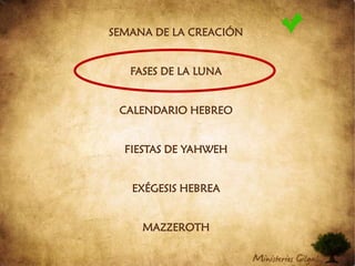 SEMANA DE LA CREACIÓNFASES DE LA LUNACALENDARIO HEBREOFIESTAS DE YAHWEHEXÉGESIS HEBREAMAZZEROTH