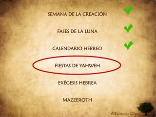 SEMANA DE LA CREACIÓNFASES DE LA LUNACALENDARIO HEBREOFIESTAS DE YAHWEHEXÉGESIS HEBREAMAZZEROTH