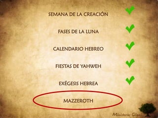 SEMANA DE LA CREACIÓNFASES DE LA LUNACALENDARIO HEBREOFIESTAS DE YAHWEHEXÉGESIS HEBREAMAZZEROTH