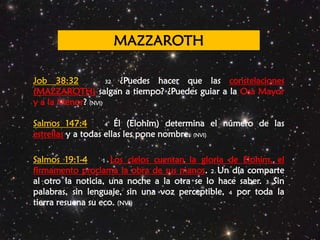 Job 38:3232 ¿Puedes hacer que las constelaciones (MAZZAROTH) salgan a tiempo? ¿Puedes guiar a la Osa Mayor y a la Menor? (NVI)Salmos 147:44 Él (Elohim) determina el número de las estrellas y a todas ellas les pone nombre. (NVI)Salmos 19:1-41Los cielos cuentan la gloria de Elohim, el firmamento proclama la obra de sus manos. 2 Un día comparte al otro la noticia, una noche a la otra se lo hace saber. 3 Sin palabras, sin lenguaje, sin una voz perceptible, 4 por toda la tierra resuena su eco. (NVI)MAZZAROTH