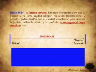 Daniel 9:2424Setenta semanas han sido decretadas para que tu pueblo y tu santa ciudad pongan fin a sus transgresiones y pecados, pidan perdón por su maldad, establezcan para siempre la justicia, sellen la visión y la profecía, y consagren el lugar santísimo. (NVI)70 SEMANASYahshua Descansa¿Inicio?
