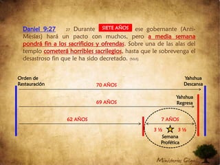 Daniel 9:2727 Durante una semanaese gobernante (Anti-Mesías) hará un pacto con muchos, peroa media semana pondrá fin a los sacrificios y ofrendas. Sobre una de las alas del templo cometerá horribles sacrilegios, hasta que le sobrevenga el desastroso fin que le ha sido decretado. (NVI)SIETE AÑOSYahshua DescansaOrden de Restauración70 AÑOSYahshua Regresa69 AÑOS7 AÑOS62 AÑOS3 ½ 3 ½ Semana Profética