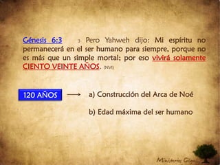 Génesis 6:33Pero Yahweh dijo: Mi espíritu no permanecerá en el ser humano para siempre, porque no es más que un simple mortal; por eso vivirá solamente CIENTO VEINTE AÑOS. (NVI)  			a) Construcción del Arca de Noé			b) Edad máxima del ser humano120 AÑOS
