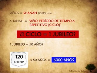 AÑOS = SHANAH((EnS))H8141SHANAH =  “AÑO, PERÍODO DE TIEMPO o 			REPETITIVO [CICLO]”1 JUBILEO = 50 AÑOS		 x 50 AÑOS = ¿1 CICLO = 1 JUBILEO?1206000 AÑOSJUBILEOS