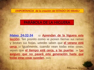 Mateo 24:32-3432Aprendan de la higuera esta lección: Tan pronto como se ponen tiernas sus ramas y brotan sus hojas, ustedes saben que el verano está cerca.33 Igualmente, cuando vean todas estas cosas, sepan que el tiempo está cerca, a las puertas. 34Les aseguro que no pasará esta generación hasta que todas estas cosas sucedan. (NVI)¿IMPORTANCIA  de la creación del ESTADO DE ISRAEL? PARÁBOLA DE LA HIGUERA