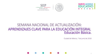 SEMANA NACIONAL DE ACTUALIZACIÓN:
APRENDIZAJES CLAVE PARA LA EDUCACIÓN INTEGRAL
Educación Básica.
Ciudad de México, 7 de junio de 2018
1
 
