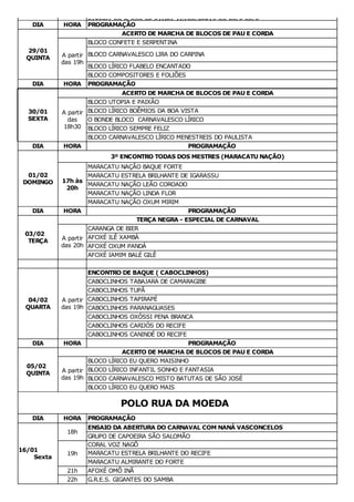 BATERIA DO BLOCO DE SAMBA ANARQUISTAS DO BOLE BOLE
DIA HORA PROGRAMAÇÃO
29/01
QUINTA
ACERTO DE MARCHA DE BLOCOS DE PAU E CORDA
A partir
das 19h
BLOCO CONFETE E SERPENTINA
BLOCO CARNAVALESCO LIRA DO CARPINA
BLOCO LÍRICO FLABELO ENCANTADO
BLOCO COMPOSITORES E FOLIÕES
DIA HORA PROGRAMAÇÃO
30/01
SEXTA
ACERTO DE MARCHA DE BLOCOS DE PAU E CORDA
A partir
das
18h30
BLOCO UTOPIA E PAIXÃO
BLOCO LÍRICO BOÊMIOS DA BOA VISTA
O BONDE BLOCO CARNAVALESCO LÍRICO
BLOCO LÍRICO SEMPRE FELIZ
BLOCO CARNAVALESCO LÍRICO MENESTREIS DO PAULISTA
DIA HORA PROGRAMAÇÃO
01/02
DOMINGO
3º ENCONTRO TODAS DOS MESTRES (MARACATU NAÇÃO)
17h às
20h
MARACATU NAÇÃO BAQUE FORTE
MARACATU ESTRELA BRILHANTE DE IGARASSU
MARACATU NAÇÃO LEÃO COROADO
MARACATU NAÇÃO LINDA FLOR
MARACATU NAÇÃO OXUM MIRIM
DIA HORA PROGRAMAÇÃO
03/02
TERÇA
TERÇA NEGRA - ESPECIAL DE CARNAVAL
A partir
das 20h
CARANGA DE BIER
AFOXÉ ILÊ XAMBÁ
AFOXÉ OXUM PANDÁ
AFOXÉ IAMIM BALÉ GILÊ
04/02
QUARTA
A partir
das 19h
ENCONTRO DE BAQUE ( CABOCLINHOS)
CABOCLINHOS TABAJARA DE CAMARAGIBE
CABOCLINHOS TUPÃ
CABOCLINHOS TAPIRAPÉ
CABOCLINHOS PARANAGUASES
CABOCLINHOS OXÓSSI PENA BRANCA
CABOCLINHOS CARIJÓS DO RECIFE
CABOCLINHOS CANINDÉ DO RECIFE
DIA HORA PROGRAMAÇÃO
05/02
QUINTA
ACERTO DE MARCHA DE BLOCOS DE PAU E CORDA
A partir
das 19h
BLOCO LÍRICO EU QUERO MAISINHO
BLOCO LÍRICO INFANTIL SONHO E FANTASIA
BLOCO CARNAVALESCO MISTO BATUTAS DE SÃO JOSÉ
BLOCO LÍRICO EU QUERO MAIS
POLO RUA DA MOEDA
DIA HORA PROGRAMAÇÃO
16/01
Sexta
18h
ENSAIO DA ABERTURA DO CARNAVAL COM NANÁ VASCONCELOS
GRUPO DE CAPOEIRA SÃO SALOMÃO
19h
CORAL VOZ NAGÔ
MARACATU ESTRELA BRILHANTE DO RECIFE
MARACATU ALMIRANTE DO FORTE
21h AFOXÉ OMÔ INÃ
22h G.R.E.S. GIGANTES DO SAMBA
 