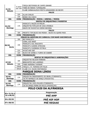 31/01
Sábado
A partir
das 20h
TROÇA DESTEMIDO DE CAMPO GRANDE
TRIBO DE ÍNDIOS TUPINIQUINS
CLUBE CARNAVALESCO MISTO LENHADORES DO RECIFE
PALCO
22h ALLAN CARLOS
23h BANDA SEU CHICO
DIA HORA PROGRAMAÇÃO - MOEDA / ARSENAL / MOEDA
01/02
Domingo
DESFILE DE ORQUESTRAS E PASSISTAS
17h
MARACATU NAÇÃO ESTRELAR
ORQUESTRA POPULAR DE CASA AMARELA
GRUPO DE PASSISTAS EGÍDIO BEZERRA
PALCO
18h PROJETO TEM BLOCO NA MOEDA - BLOCO EU QUERO MAIS
DIA HORA PROGRAMAÇÃO
ENSAIO DA ABERTURA DO CARNAVAL COM NANÁ VASCONCELOS
06/02
Sexta
18h BOI MARACATU
19h
CORAL VOZ NAGÔ
MARACATU SOL NASCENTE
MARACATU AURORA AFRICANA
MARACATU CAMBINDA ESTRELA
21h AFOXÉ ARÁ ODÉ
22h BLOCO DE SAMBA A TURMA DO SABERÉ
DIA HORA PROGRAMAÇÃO
07/02
Sábado
DESFILE DE ORQUESTRAS E AGREMIAÇÕES
18h
ORQUESTRA NELSON FERREIRA
BRINCANTES DAS LADEIRAS
19h TRIBO INDÍGENA TAPIRAPÉ
19h40 TROÇA C. M. TEIMOSO EM FOLIA
20h20 CLUBE C.M. PAVÃO MISTERIOSO
PARQUE DONA LINDU
DIA HORA PROGRAMAÇÃO
25/01
Domingo
17h
ORQUESTRA INDEPENDENTE DO IBURA (ITINERANTE)
CIA PÉ-NAMBUCO DE DANÇA (PASSISTAS)
DIA HORA PROGRAMAÇÃO
01/02
Domingo
17h
ORQUESTRA 100% MULHER (ITINERANTE)
CIA DE DANÇA PERNA DE PALCO (PASSISTAS)
POLO CAIS DA ALFÂNDEGA
30 e 31/01 e
01 e 06/02
Programação
PRÉ AMP
04 e 05/02 PRÉ HIP HOP
07 e 08/02 PRÉ REGAAE
 
