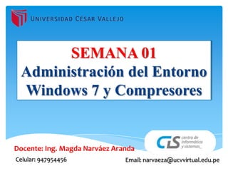 SEMANA 01
Administración del Entorno
Windows 7 y Compresores

Docente: Ing. Magda Narváez Aranda
Celular: 947954456

Email: narvaeza@ucvvirtual.edu.pe

 