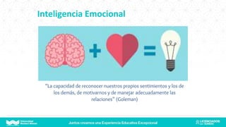Inteligencia Emocional
“La capacidad de reconocer nuestros propios sentimientos y los de
los demás, de motivarnos y de manejar adecuadamente las
relaciones” (Goleman)
 