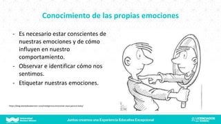 Conocimiento de las propias emociones
- Es necesario estar conscientes de
nuestras emociones y de cómo
influyen en nuestro
comportamiento.
- Observar e identificar cómo nos
sentimos.
- Etiquetar nuestras emociones.
https://blog.elartedesabervivir.com/inteligencia-emocional-clave-para-el-exito/
 