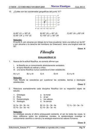UNMSM – CENTRO PREUNIVERSITARIO Ciclo 2013-I
Solucionario_Semana Nº 1 (Prohibida su reproducción y venta) Pág.78
10. ¿Cuáles son las coordenadas geográficas del punto “A”?
A) 60° LS y 95º LE B) 95° LN y 60° LS C) 60° LN y 95º LW
D) 95° LW y 110° LE E) 155° LS y 60° LW
Solución:
El punto A, por ubicarse por debajo de la línea ecuatorial, tiene una latitud sur de 60°
y por ubicarse a la derecha del meridiano de Greenwich, tiene una longitud este de
95°.
Clave: A
Filosofía
EVALUACIÓN N° 01
1. Acerca de la actitud filosófica, es correcto afirmar que
I. la filosofía es un conocimiento absolutamente verdadero.
II. el típico filósofo es radical y crítico.
III. una teoría filosófica nunca cuestiona el orden establecido.
A) I y II B) I y III C) II D) III E) II y III
Solución:
Todo filósofo se caracteriza por cuestionar las verdades, teorías o ideologías
establecidas.
Clave: C
2. Relaciona acertadamente cada disciplina filosófica con su respectivo objeto de
estudio.
1. Ontología a. la moral
2. Ética b. el ser
3. Epistemología c. los valores
4. Axiología d. la ciencia
A) 1a - 2d - 3b - 4c B) 1d - 2c - 3b - 4a C) 1c - 2d - 3a - 1b
D) 1b - 2a - 3d - 4c E) 1d - 2b - 3a - 4c
Solución:
La ontología estudia el último presupuesto existente, el ser de todas las cosas, la
ética reflexiona sobre los problemas morales, la epistemología investiga el
conocimiento científico o ciencia y la axiología examina los valores humanos.
Clave: D
0°
A
0°
40°
50°
60°
70°
85° 90° 95° 100° 105°110°
Marcos Elantiguo
 