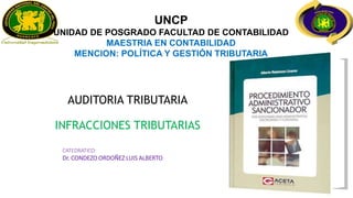 AUDITORIA TRIBUTARIA
INFRACCIONES TRIBUTARIAS
CATEDRATICO:
Dr. CONDEZO ORDOÑEZ LUIS ALBERTO
UNCP
UNIDAD DE POSGRADO FACULTAD DE CONTABILIDAD
MAESTRIA EN CONTABILIDAD
MENCION: POLÍTICA Y GESTIÓN TRIBUTARIA
 