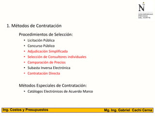 Procedimientos de Selección:
• Licitación Pública
• Concurso Público
• Adjudicación Simplificada
• Selección de Consultores individuales
• Comparación de Precios
• Subasta Inversa Electrónica
• Contratación Directa
Métodos Especiales de Contratación:
• Catálogos Electrónicos de Acuerdo Marco
1. Métodos de Contratación
40Mg. Ing. Gabriel Cachi CernaIng. Costos y Presupuestos
 