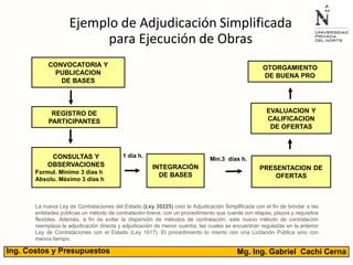 Ejemplo de Adjudicación Simplificada
para Ejecución de Obras
CONVOCATORIA Y
PUBLICACION
DE BASES
OTORGAMIENTO
DE BUENA PRO
EVALUACION Y
CALIFICACION
DE OFERTAS
REGISTRO DE
PARTICIPANTES
CONSULTAS Y
OBSERVACIONES
Formul. Mínimo 3 días h
Absolu. Máximo 3 días h
INTEGRACIÓN
DE BASES
PRESENTACION DE
OFERTAS
Mín.3 días h.
1 día h.
43Mg. Ing. Gabriel Cachi CernaIng. Costos y Presupuestos
La nueva Ley de Contrataciones del Estado (Ley 30225) creó la Adjudicación Simplificada con el fin de brindar a las
entidades públicas un método de contratación breve, con un procedimiento que cuente con etapas, plazos y requisitos
flexibles. Además, a fin de evitar la dispersión de métodos de contratación, este nuevo método de contratación
reemplaza la adjudicación directa y adjudicación de menor cuantía, las cuales se encuentran reguladas en la anterior
Ley de Contrataciones con el Estado (Ley 1017). El procedimiento lo mismo con una Licitación Pública sino con
menos tiempo.
 