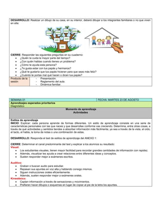 DESARROLLO: Realizar un dibujo de su casa, en su interior, deberá dibujar a los integrantes familiares o no que viven
en ella:
CIERRE: Responder las siguientes preguntas en su cuaderno:
• ¿Quién te cuida la mayor parte del tiempo?
• ¿Con quién hablas cuando tienes un problema?
• ¿Cómo te ayuda esta persona?
• ¿Te gusta estar con tus papás y hermanos?
• ¿Qué te gustaría que tus papás hicieran para que seas más feliz?
• ¿Cuándo te portas mal qué hacen o dicen tus papás?
Producto de la
sesión
- Presentación.
- Reglamento del aula.
- Dinámica familiar.
SEMANA 01 FECHA: MARTES 23 DE AGOSTO
Aprendizajes esperados prioritarios
Diagnóstico
Momento de aprendizaje
Actividades
Estilos de aprendizaje
INICIO: Explicar: cada persona aprende de formas diferentes. Un estilo de aprendizaje consiste en una serie de
características personales con las que naces y que desarrollas conforme vas creciendo. Determina, entre otras cosas, a
través de qué actividades y sentidos tiendes a absorber información más fácilmente; ya sea a través de la vista, el oído,
el tacto, el habla, la toma de notas o una combinación de estas.
DESARROLLO: Responda el test de estilos de aprendizaje del ANEXO 1:
CIERRE: Determinar el canal predominante del test y explicar a los alumnos su resultado:
Visual:
• Los estudiantes visuales, tienen mayor facilidad para recordar grandes cantidades de información con rapidez.
• Además, visualizar les ayuda a crear relaciones entre diferentes ideas y conceptos.
• Suelen responder mejor a exámenes escritos.
Auditivo:
• Graban o buscan audio para estudiar.
• Repasan sus apuntes en voz alta y hablando consigo mismos.
• Siguen instrucciones orales eficientemente.
• Además, suelen responder mejor a exámenes orales.
Kinestésico:
• Captan información a través de sensaciones y movimientos.
• Prefieren hacer dibujos o esquemas en lugar de copiar al pie de la letra los apuntes.
 
