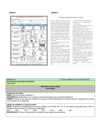 ANEXO 1 ANEXO 2
SEMANA 01 FECHA: MIÉRCOLES 24 DE AGOSTO
Aprendizajes esperados prioritarios
Diagnóstico
Momento de aprendizaje
Actividades
Producción de textos
INICIO: Leer en voz alta el ANEXO 3.
DESARROLLO: Desarrollar en su cuaderno la ficha descriptiva sobre el elefante ANEXO 4.
CIERRE: Solicitar a dos alumnos compartir con el grupo su ficha descriptiva, los demás deberán complementar su texto
con los datos que le haga falta.
Tablas de multiplicar y cálculo mental
INICIO: Dictado de multiplicaciones de forma salteada, de la tabla del 1 al 10, dar algunos segundos para anotar el
resultado antes de pasar a la siguiente multiplicación.
3x4= 5x8= 7x3= 8x9= 3x2= 10x7= 8x5= 2x3=
DESARROLLO: Calcule mentalmente el resultado de las siguientes operaciones:
 
