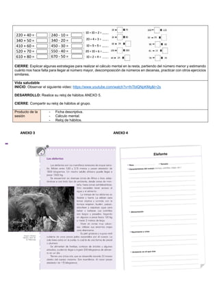 CIERRE: Explicar algunas estrategias para realizar el cálculo mental en la resta, partiendo del número menor y estimando
cuánto nos hace falta para llegar al número mayor, descomposición de números en decenas, practicar con otros ejercicios
similares.
Vida saludable
INICIO: Observar el siguiente video: https://www.youtube.com/watch?v=fnTblQNpKMg&t=2s
DESARROLLO: Realice su reloj de hábitos ANEXO 5.
CIERRE: Compartir su reloj de hábitos al grupo.
Producto de la
sesión
- Ficha descriptiva.
- Cálculo mental.
- Reloj de hábitos.
ANEXO 3 ANEXO 4
 