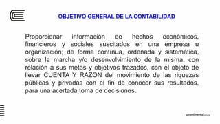 OBJETIVO GENERAL DE LA CONTABILIDAD
Proporcionar información de hechos económicos,
financieros y sociales suscitados en una empresa u
organización; de forma contínua, ordenada y sistemática,
sobre la marcha y/o desenvolvimiento de la misma, con
relación a sus metas y objetivos trazados, con el objeto de
llevar CUENTA Y RAZON del movimiento de las riquezas
públicas y privadas con el fin de conocer sus resultados,
para una acertada toma de decisiones.
 