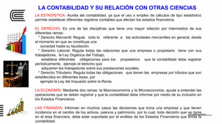 LA CONTABILIDAD Y SU RELACIÓN CON OTRAS CIENCIAS
LA ESTADÍSTICA: Auxilia ala contabilidad, ya que el uso o empleo de cálculos de tipo estadístico
permite establecer diferentes registros contables que afectan los estados financieros.
EL DERECHO: Es una de las disciplinas que tiene una mayor relación por intermedios de sus
diferentes ramas:
* Derecho Mercantil: Regula todo lo referente a las actividades mercantiles en general, desde
el momento en que se constituye una
sociedad hasta su liquidación.
* Derecho Laboral: Regula todas las relaciones que una empresa o propietario tiene con sus
trabajadores, la Ley Orgánica del Trabajo,
establece diferentes obligaciones para los propietarios que la contabilidad debe registrar
periódicamente, ejemplo el derecho que
adquieren los trabajadores sobre sus prestaciones sociales.
* Derecho Tributario: Regula todas las obligaciones que tienen las empresas por tributos que son
establecidos en diferentes leyes, por
ejemplo la Ley del Impuesto sobre la Renta.
LA ECONOMÍA: Mediante dos ramas: la Macroeconomía y la Microeconomía, ayuda a entender las
operaciones que se deben registrar y que la contabilidad debe informar por medio de su inclusión en
los Estados Financieros.
LAS FINANZAS: Informan en muchos casos las decisiones que toma una empresa y que tienen
incidencia en el cambio de los activos, pasivos y patrimonio, por lo cual, toda decisión que se tome
en el área financiera, debe estar soportada por el análisis de los Estados Financieros que emite la
contabilidad.
 