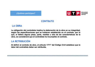 ¿Quiénes participan?
CONTRATO
La obligación del contratista implica la elaboración de la obra en su integridad,
según las especificaciones que se hubieran establecido en el contrato, por lo
que, si faltara alguna pieza, parte, medida u otra de las características de la
obra, se considerará que el contratista ha incumplido el contrato.
Al definir al contrato de obra, el artículo 1771° del Código Civil establece que la
labor del contratista deber ser retribuida.
LA OBRA
LA RETRIBUCIÓN
 