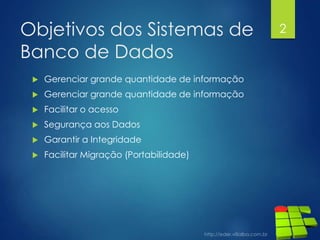 Objetivos dos Sistemas de
Banco de Dados
 Gerenciar grande quantidade de informação
 Gerenciar grande quantidade de informação
 Facilitar o acesso
 Segurança aos Dados
 Garantir a Integridade
 Facilitar Migração (Portabilidade)
2
 