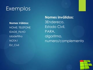 Exemplos
Nomes Válidos:
NOME, TELEFONE
IDADE_FILHO
IdadeFilho
NOTA1
Est_Civil
Nomes inválidos:
3Endereco,
Estado Civil,
PARA,
algoritmo,
numero/complemento
 