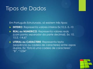 Tipos de Dados
Em Português Estruturado, só existem três tipos:
 INTEIRO: Representa valores inteiros Ex:10,5,-5,-10
 REAL ou NUMERICO: Representa valores reais
(com ponto separador da parte decimal). Ex: 10,
15.5, -14.67
 LITERAL ou CARACTERE: Representa texto
(seqüência ou cadeia de caracteres) entre aspas
duplas. Ex: "Esta é uma cadeia de caracteres",
“B”, “1234”
 